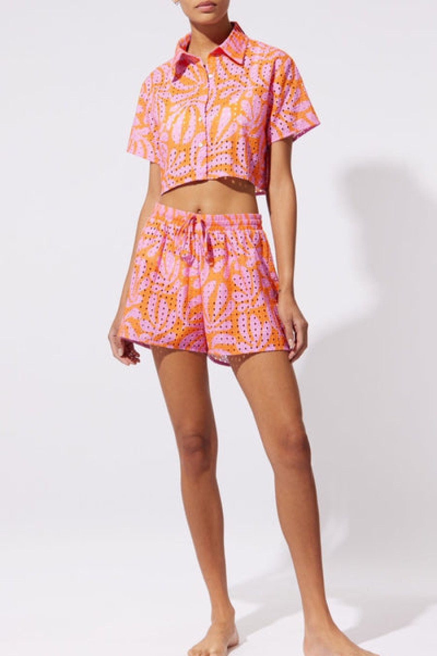Clothing Solid 0026 Striped | Solid & Striped - The Charlie Eyelet Short - Carnation Pink/Clementine Leaf