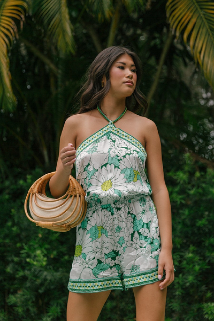 Clothing Poupette St Barth | Poupette St. Barth - Isabelle Short Jumpsuit - Green 70'S Garden